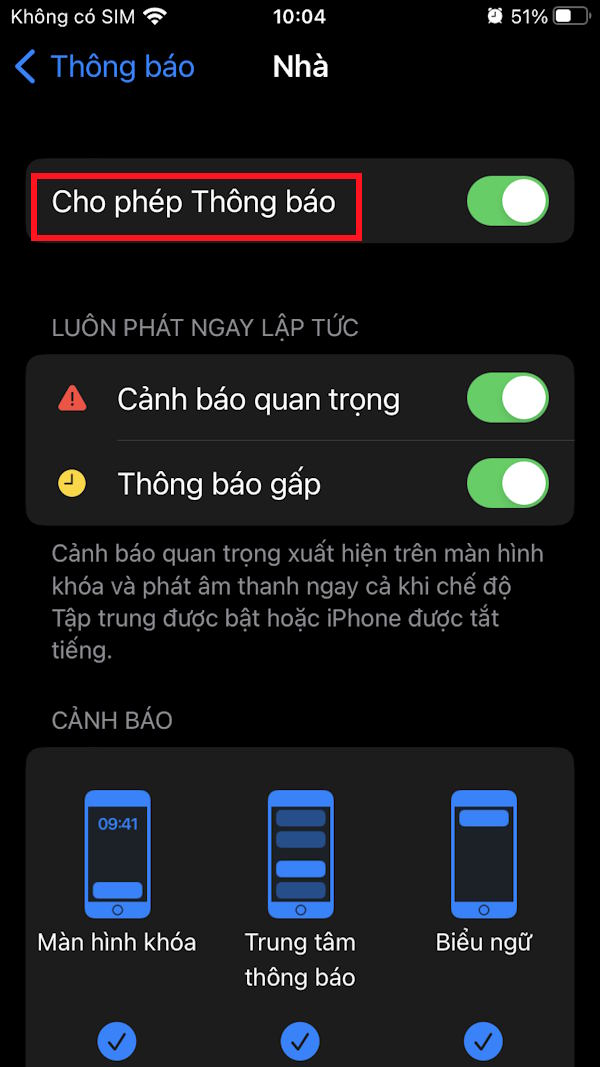 Tắt thông báo ứng dụng Nhà