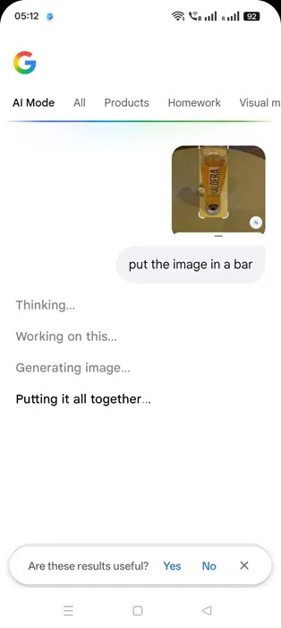 Ở chế độ AI (Android), Google Search chèn hình ảnh đã upload lên vào prompt văn bản giống như Nano Banana.