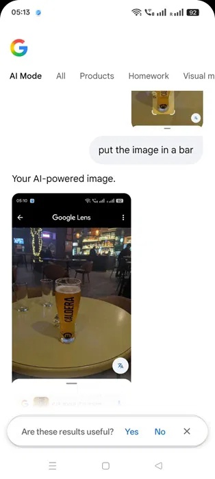 Hình ảnh tổng hợp cuối cùng đã sẵn sàng, hiển thị hình ảnh được upload lên với phông nền mới trong chế độ AI của Google Search