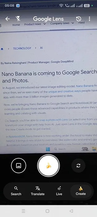 Nút chụp ảnh trên camera Android trong ứng dụng Lens biến thành biểu tượng quả chuối.