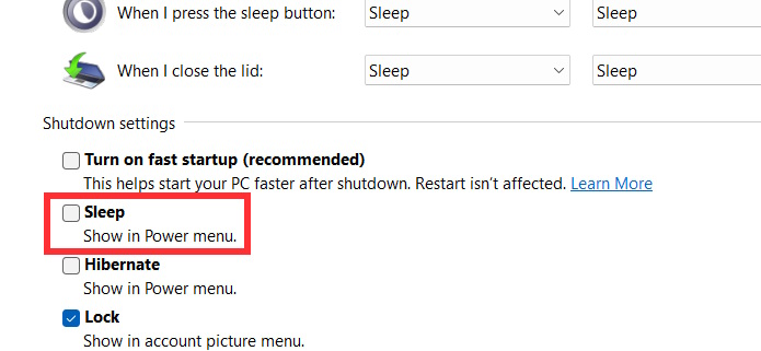 Xóa nút Sleep qua Control Panel