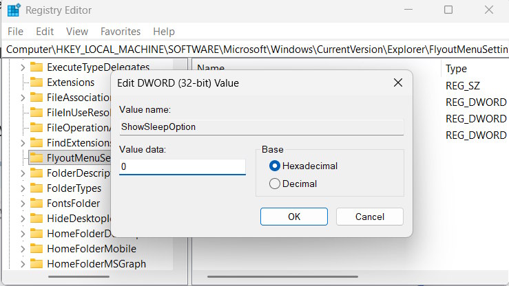 Ẩn nút Sleep bằng Registry Editor Windows