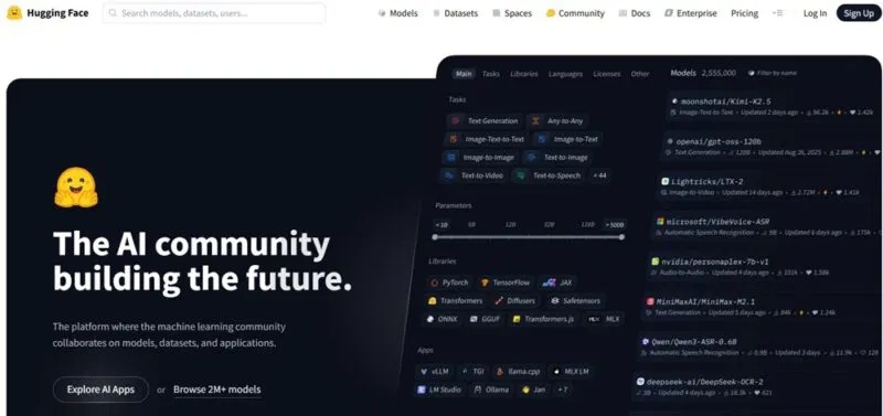 Trang chủ nền tảng Hugging Face.