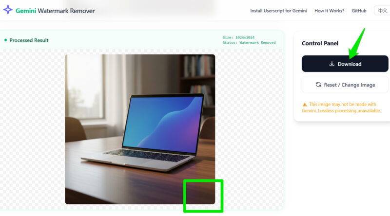 Gemini Watermark Remover hiển thị hình ảnh laptop đã loại bỏ watermark