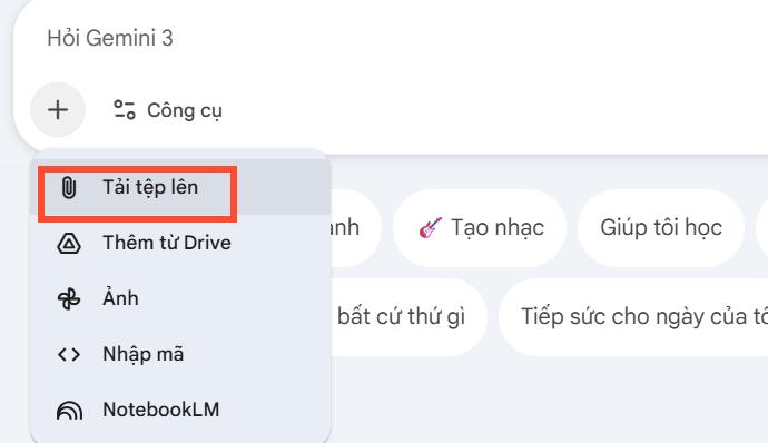 Tải ảnh bài tập lên Gemini