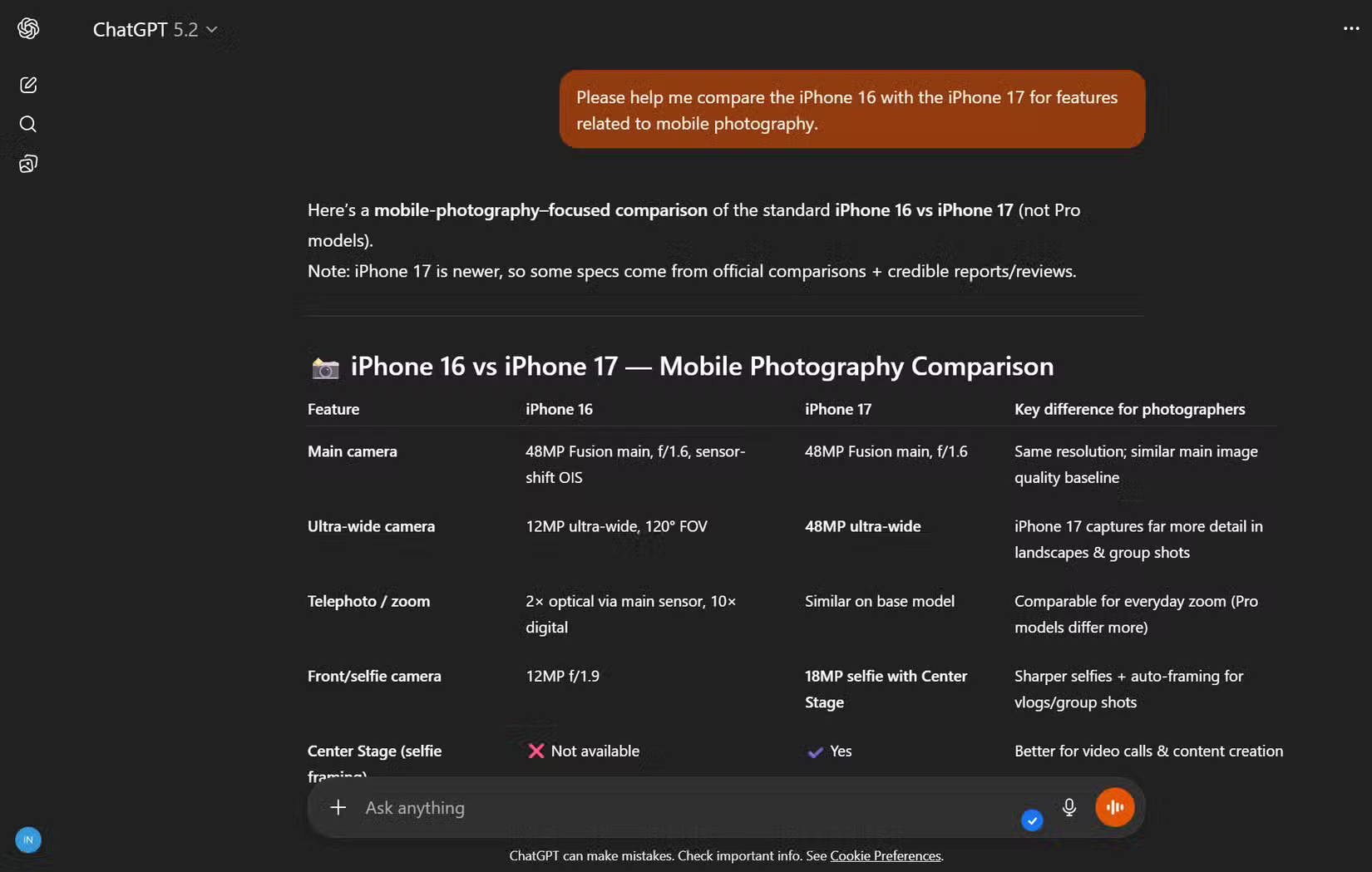 Bảng so sánh của ChatGPT giúp đưa ra quyết định giữa hai mẫu iPhone
