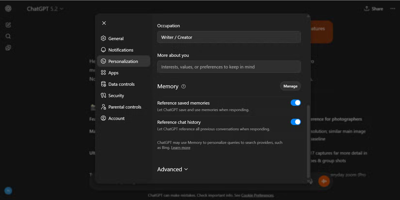 Cài đặt bộ nhớ trong ChatGPT