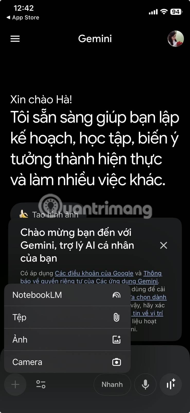 Nhiều nguồn upload ảnh lên Gemini: Tệp, Ảnh, Camera, NotebookLM.