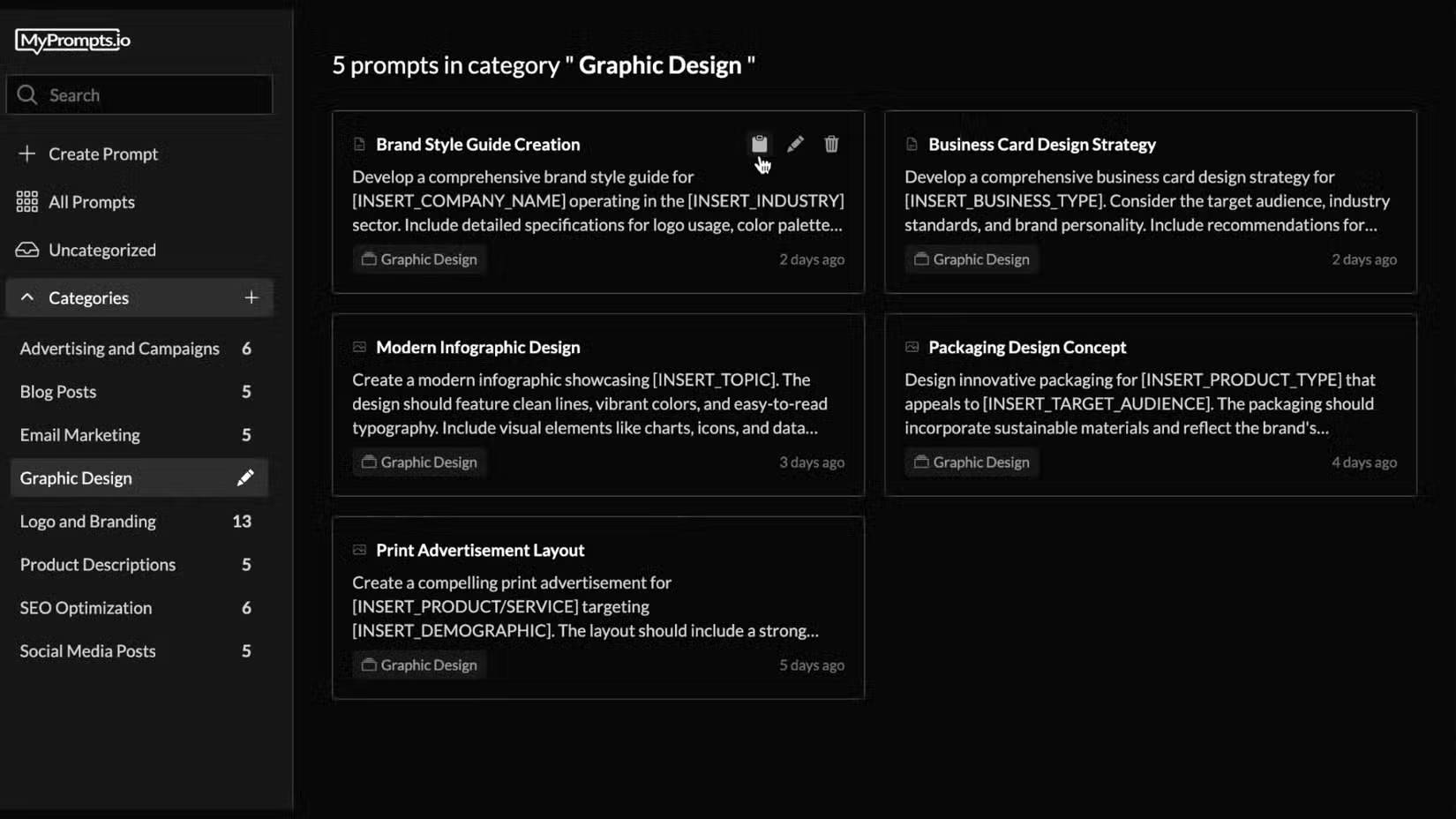 Giao diện MyPrompts hiển thị nhiều prompt AI ở phía bên phải và các danh mục khác nhau ở bên trái