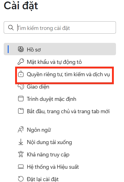 Cài đặt quyền riêng tư trên Edge