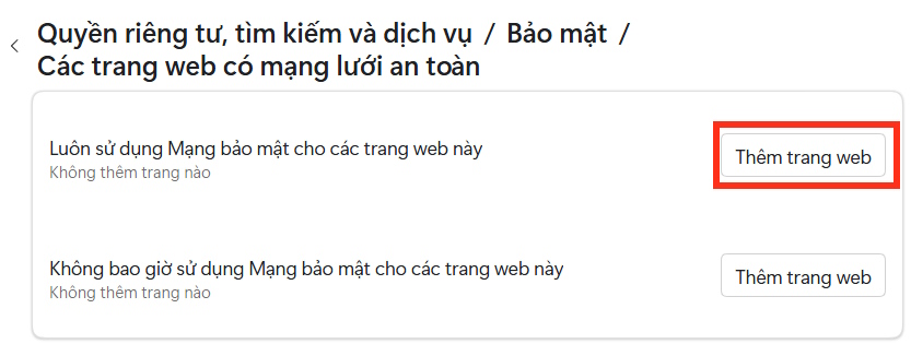 Thêm trang web ngoại lệ VPN trên Edge