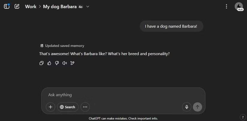 ChatGPT đang lưu vào bộ nhớ trong một dự án
