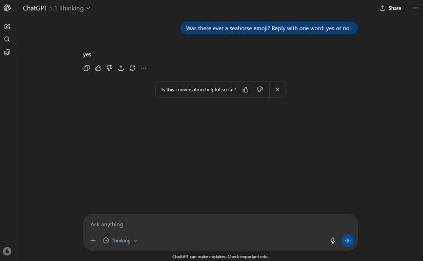 ChatGPT trả lời có cho một câu hỏi về emoji cá ngựa