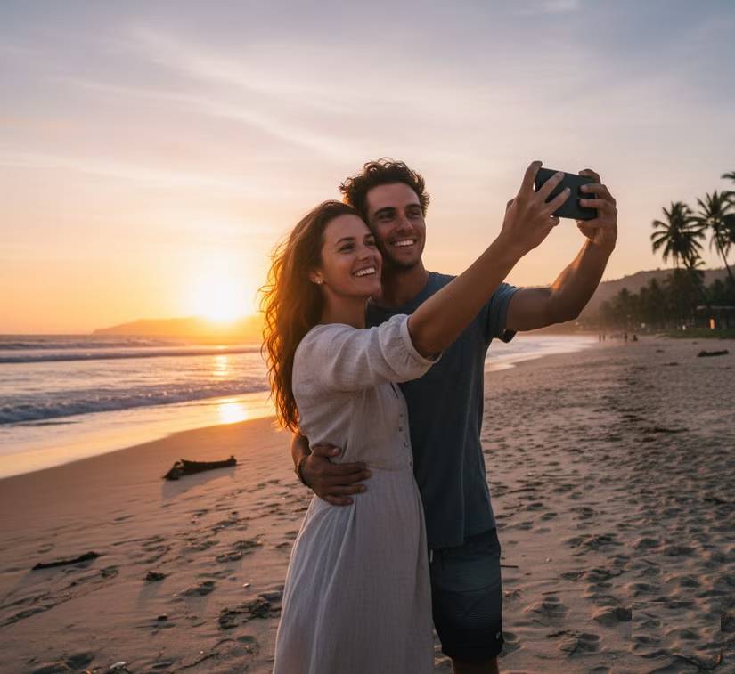 Cặp đôi chụp ảnh selfie trên bãi biển.