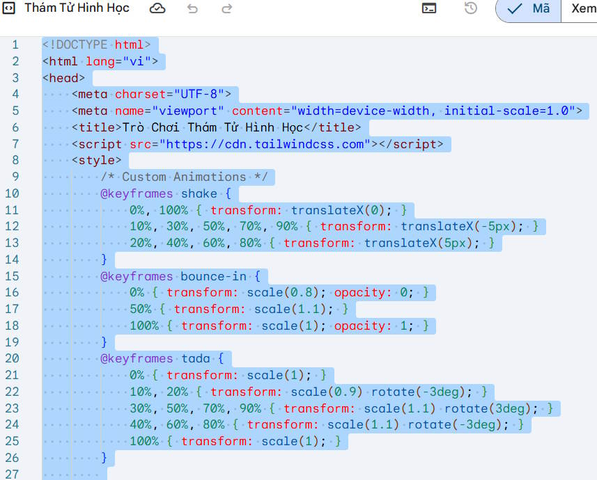 Copy HTML trò chơi tạo trên Gemini