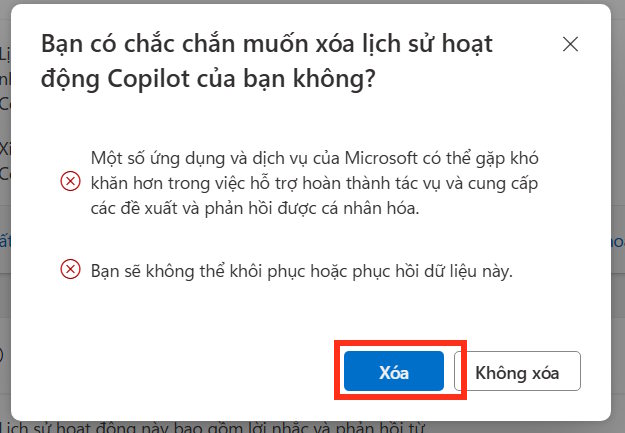 Xóa tất cả cuộc trò chuyện trên Copilot