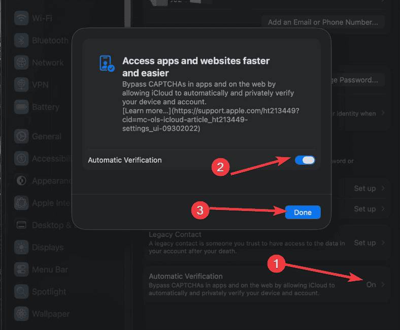 Nhấn Automatic Verification trên Mac