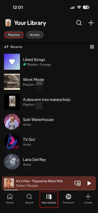 Chuyển sang Your Library và xem Playlists trong ứng dụng Spotify.