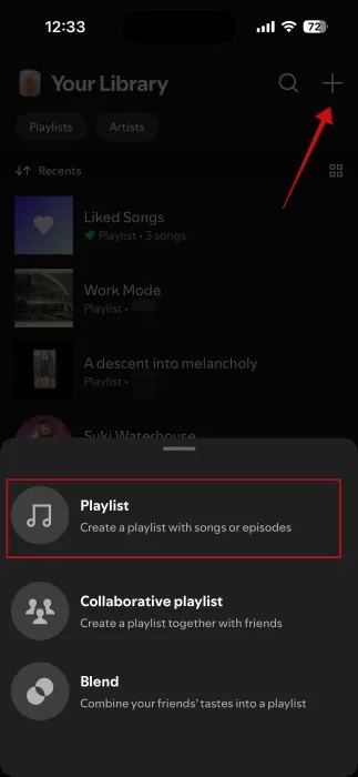 Thêm danh sách phát mới trong ứng dụng Spotify.