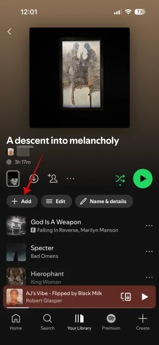 Nhấn nút +Add trên trang danh sách phát trong ứng dụng Spotify.