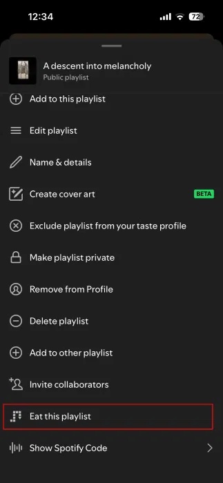 Chọn tùy chọn Eat this playlist trong ứng dụng Spotify.