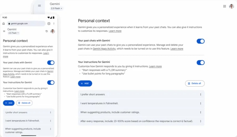 Tắt Personal Context để dừng bộ nhớ trò chuyện của Gemini