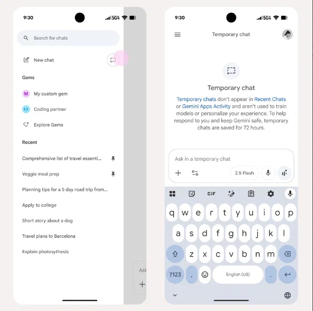 Sử dụng Temporary Chats trong Gemini