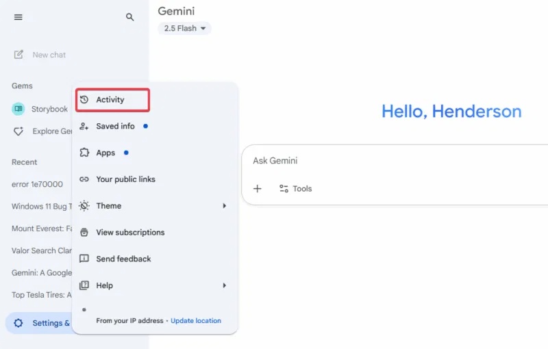 Hoạt động Gemini trong Settings
