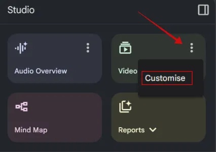 Chọn "Customise" video tổng quan trong NotebookLM.