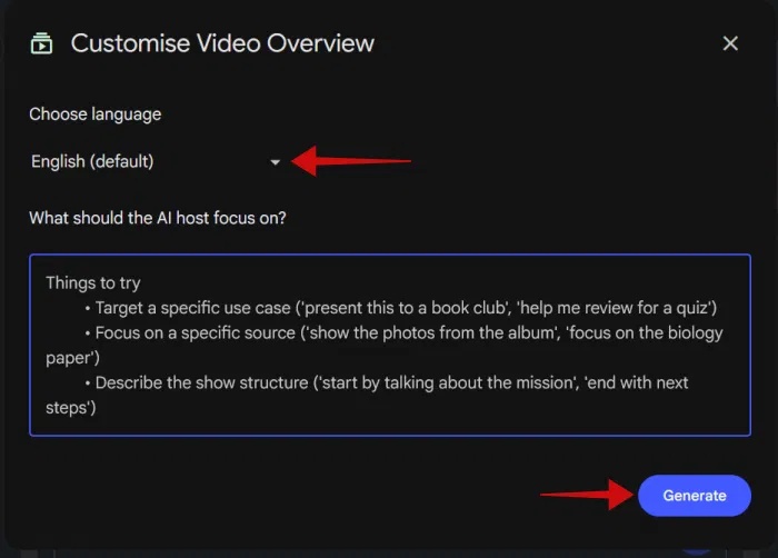 Thay đổi ngôn ngữ và hướng dẫn trong Customise Video Overview trong NotebookLM.