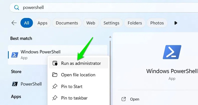 Mở PowerShell với quyền admin