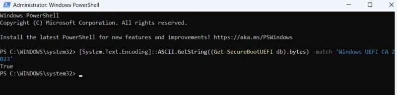Chạy lệnh để kiểm tra chứng chỉ Secure Boot