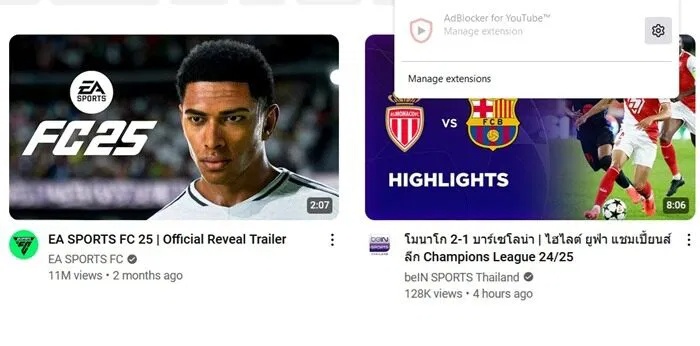 Màn hình trống trên trang chủ YouTube sau khi bật AdBlocker for YouTube.