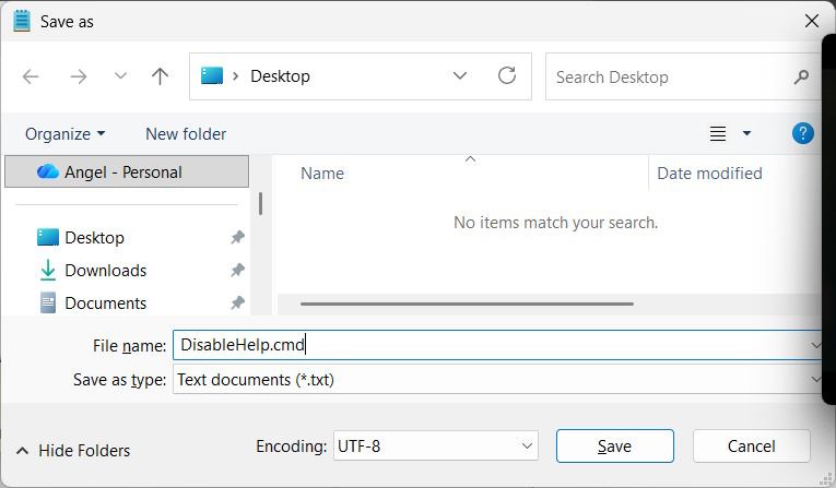 Lưu tệp DisableHelp.cmd