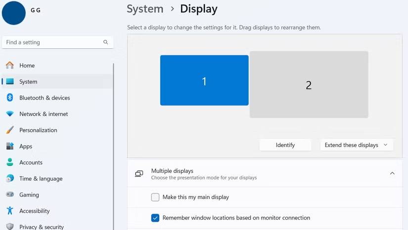 Menu cài đặt hiển thị trong Windows 11