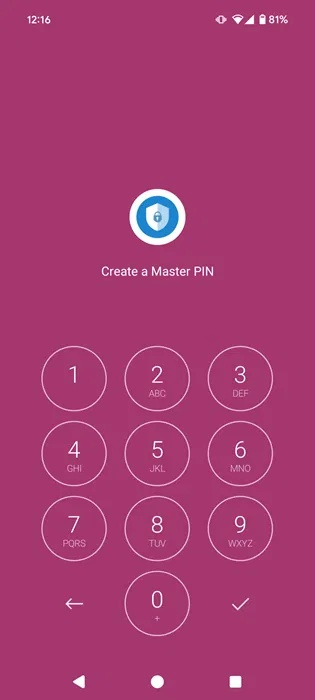 Thiết lập mã PIN chính trong ứng dụng AppLock trên Android.