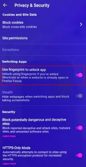 Bật tùy chọn Use fingerprint to unlock app trong Firefox Focus trên Android.