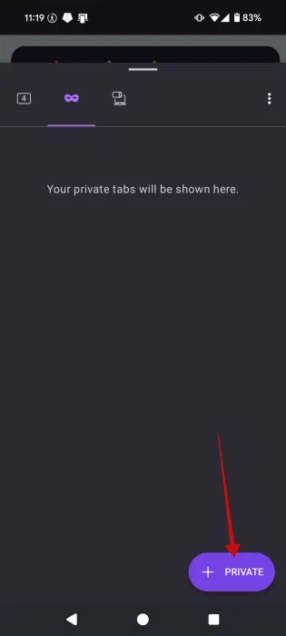 Nhấn vào nút Private trong Firefox cho Android.