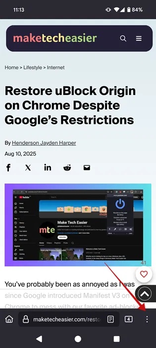 Nhấn vào ba dấu chấm trong Firefox cho Android.