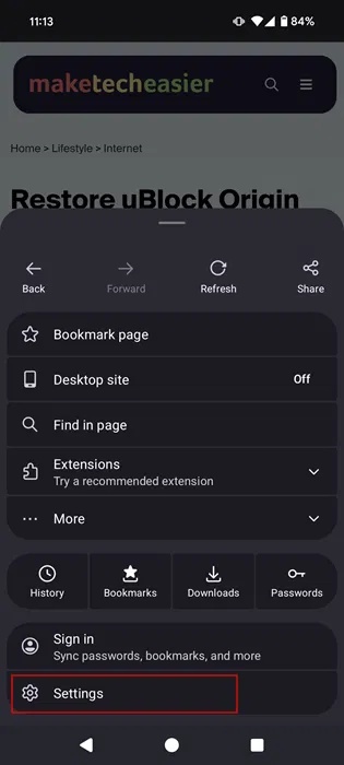 Chọn tùy chọn Settings trong Firefox cho Android.