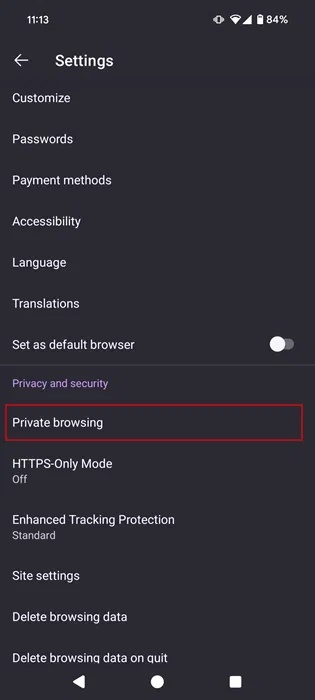 Truy cập vào Private browsing trong Firefox cho Android.