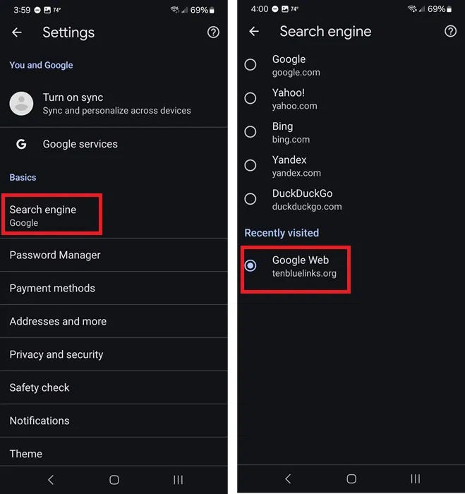 Thay đổi công cụ tìm kiếm mặc định trong Google Chrome trên thiết bị di động.