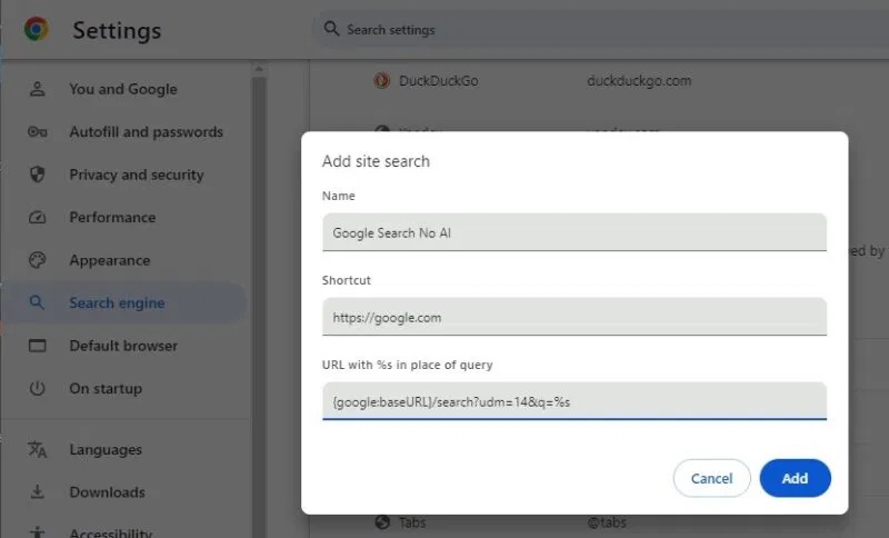 Chỉnh sửa tìm kiếm trang web trong Google Chrome.