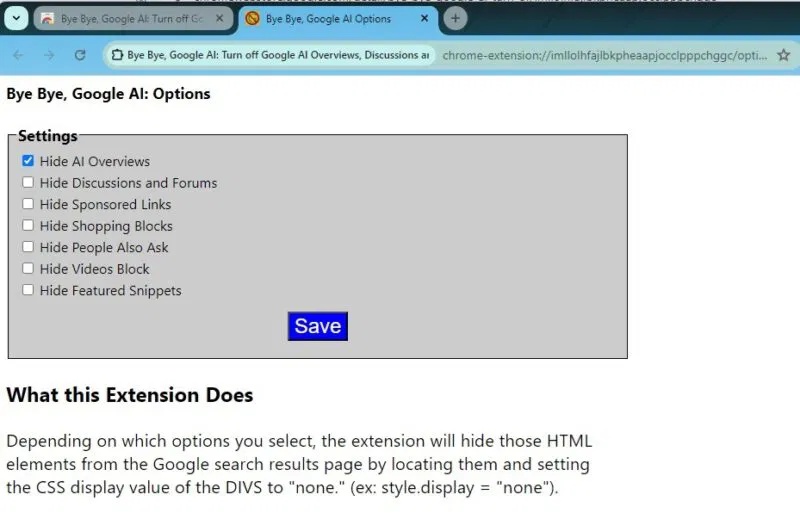 Sử dụng tiện ích mở rộng Bye Bye Google AI để dừng kết quả tìm kiếm AI của Google.