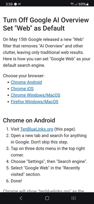 Truy cập tenbluelinks.org để tắt kết quả tìm kiếm AI của Google trên thiết bị di động.
