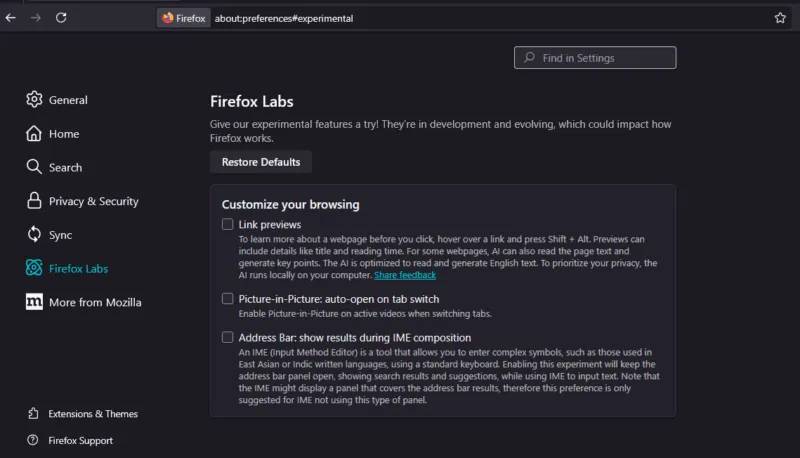 Vô hiệu hóa tất cả các tính năng AI trong Firefox