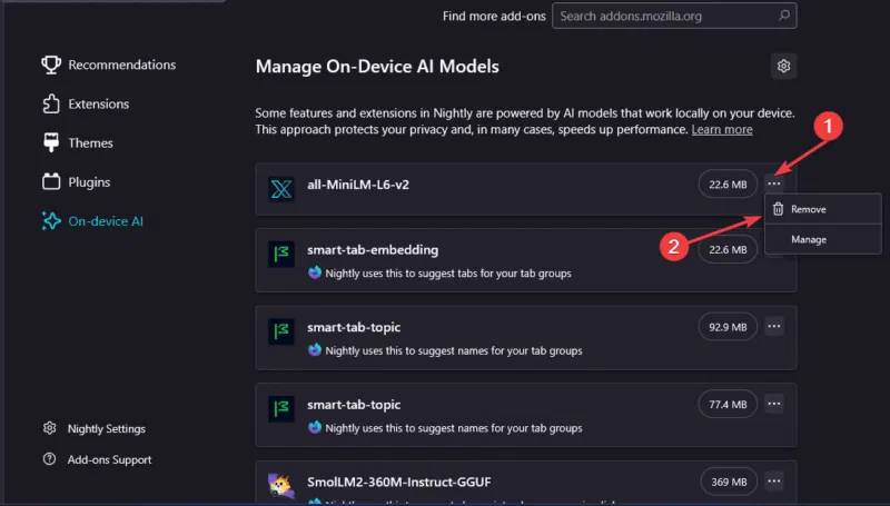Xóa mô hình AI trong Firefox