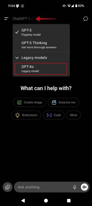 Chuyển sang mô hình GPT cũ hơn trong ứng dụng ChatGPT.