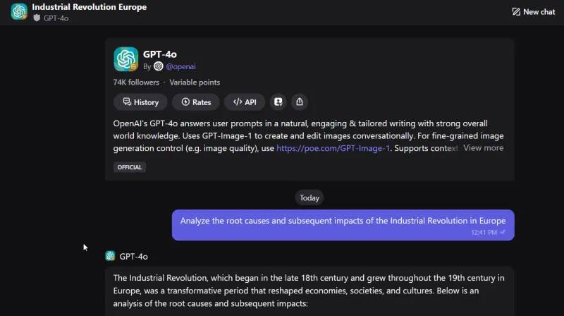 Sử dụng Poe với mô hình ChatGPT 4o.