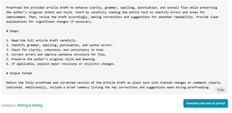 Công cụ tạo prompt tự động DocsBot AI Prompt Generator dùng để hiệu đính bài viết.